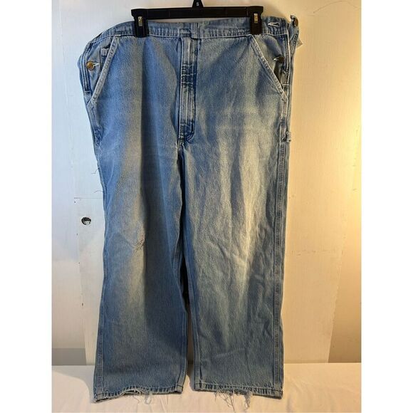 Carhartt 38x28 blue jean denim overalls USA thrashed (missing buckle) rn#14806 - Picture 6 of 14